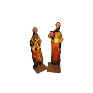 Vintage Mexican Folk Art Statues, Old Couple, Paper Mache 12.5" tall